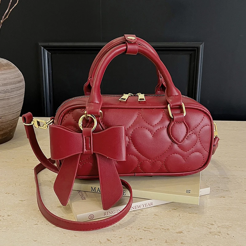 

Red Wedding Purse Fashion Bow Decoration Pu Leather Handbag Small Satchel Female Versatile Bowling Crossbody Shoulder Bags