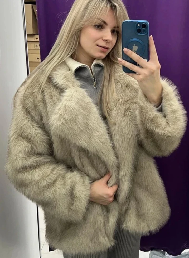 Abrigo de felpa de otoño e invierno, nueva marca de lujo, abrigo de piel de zorro con solapa grande, chaqueta de piel sintética a la moda, suave, grueso y cálido