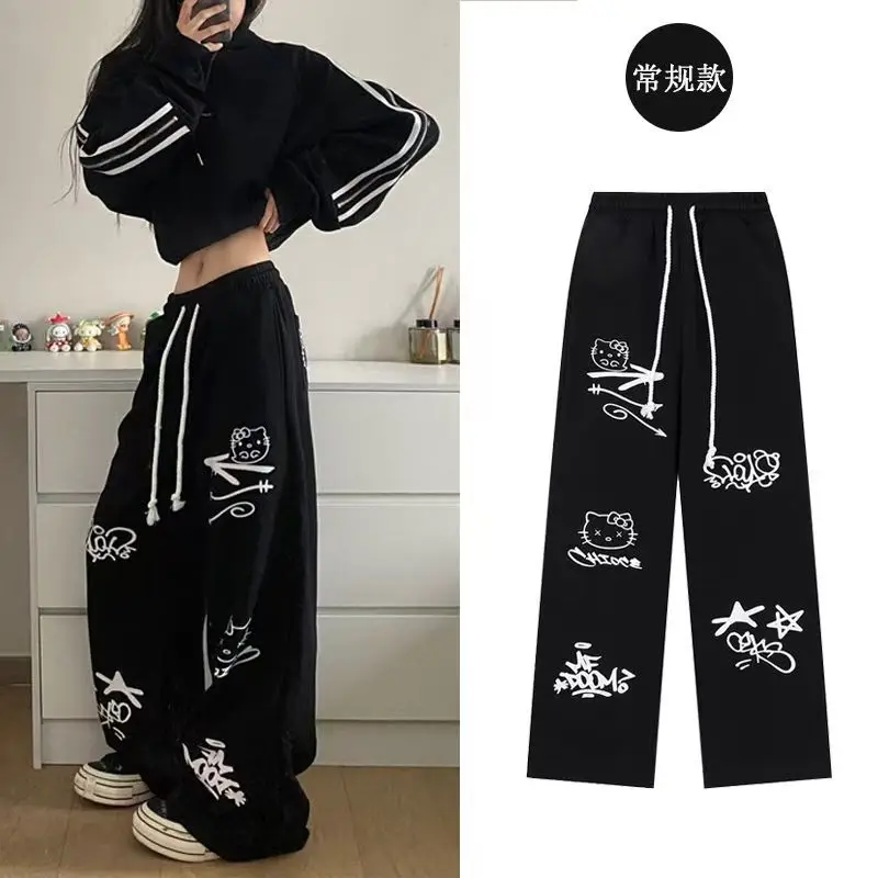 Sanrio American Retro Hello Kitty Printed Graffiti Casual Sports Pants Wide Leg Hip Hop Sweatpants Streetwear Women 2024 Summer image 6