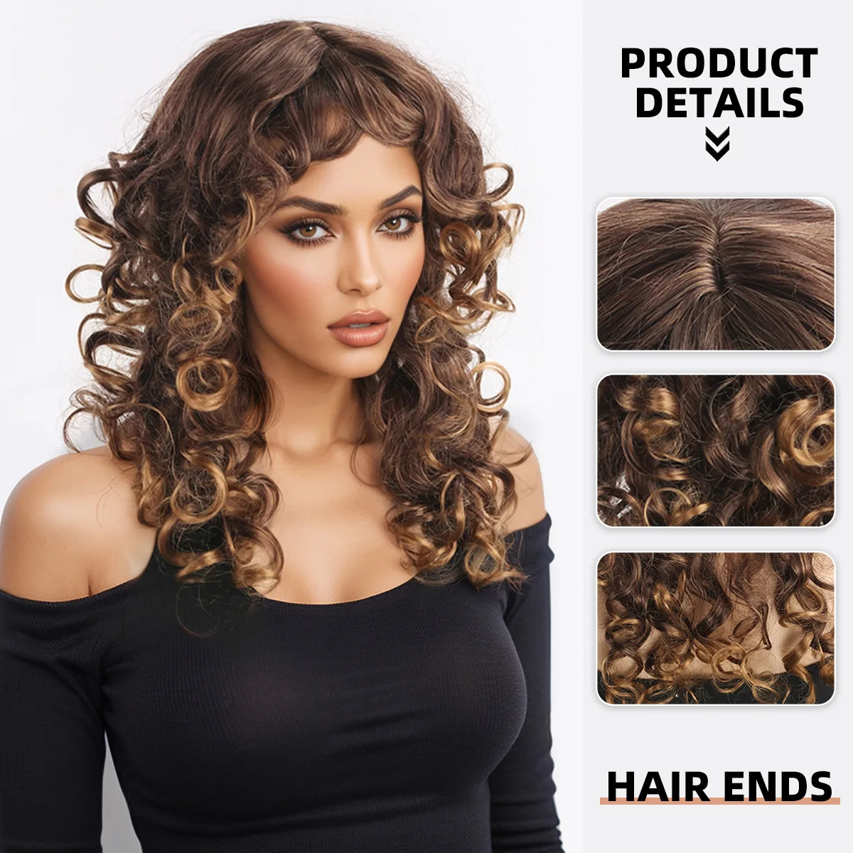 European and American style women's small curly hair with bangs, long curly hair headband, wig cover-Synthetic fiber wig