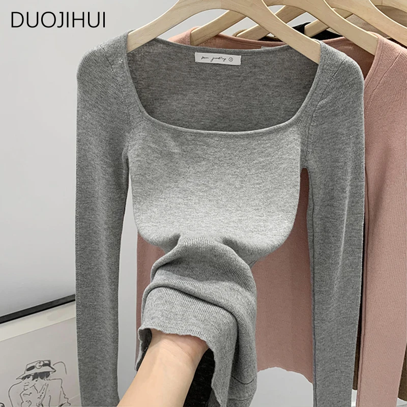 DUOJIHUI-Pulôveres chiques de pescoço quadrado para mulheres, manga comprida, magro, escritório básico, cor pura feminina, moda simples, feminino,