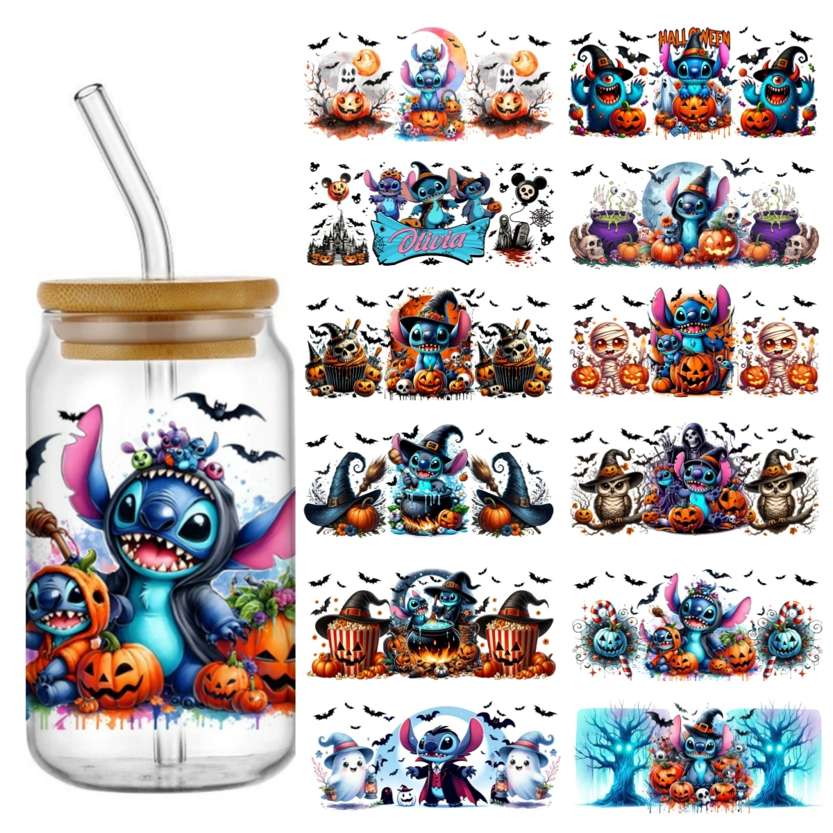 Miniso Halloween Stitch 16oz DTF Sticker Cups Cool Personalize UV Wrap Sticker Custom Label DIY Logo Selfadhesive Waterproof