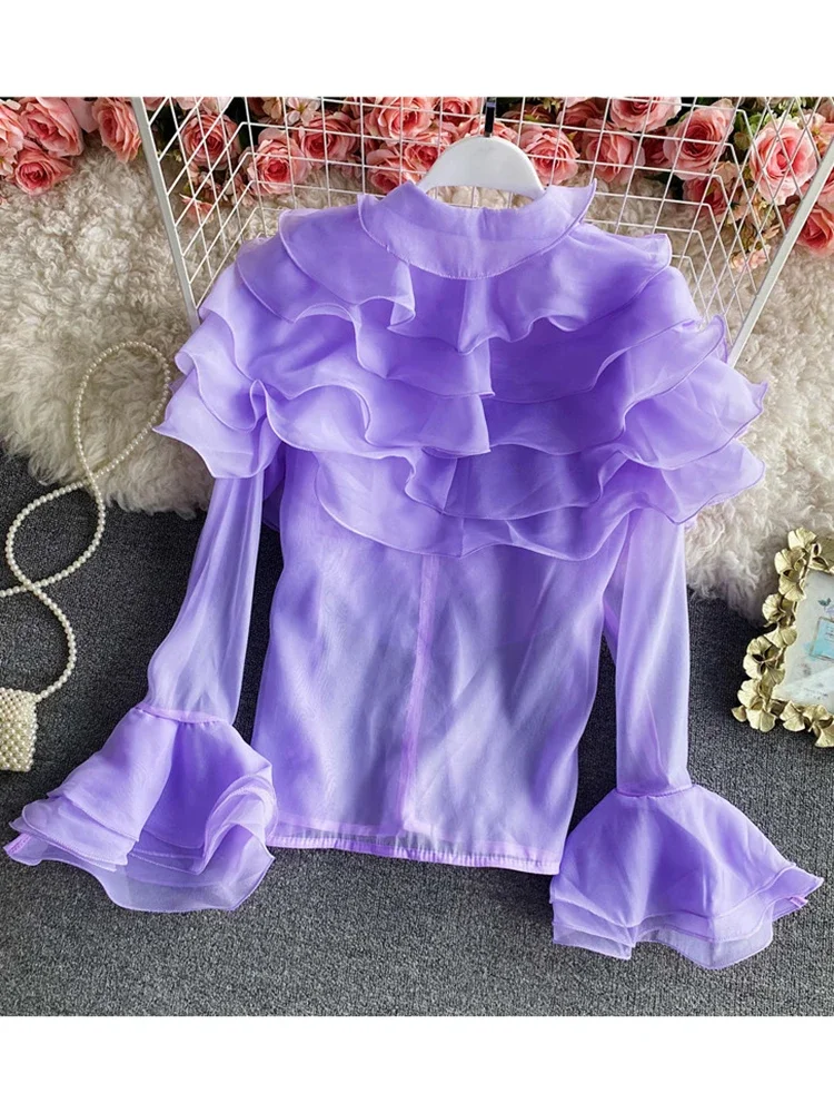 Women Springr Shirt Temperament New French Super Fairy Layer Ruffle Shirt Perspective Western Style Top Flare Sleeve D2798