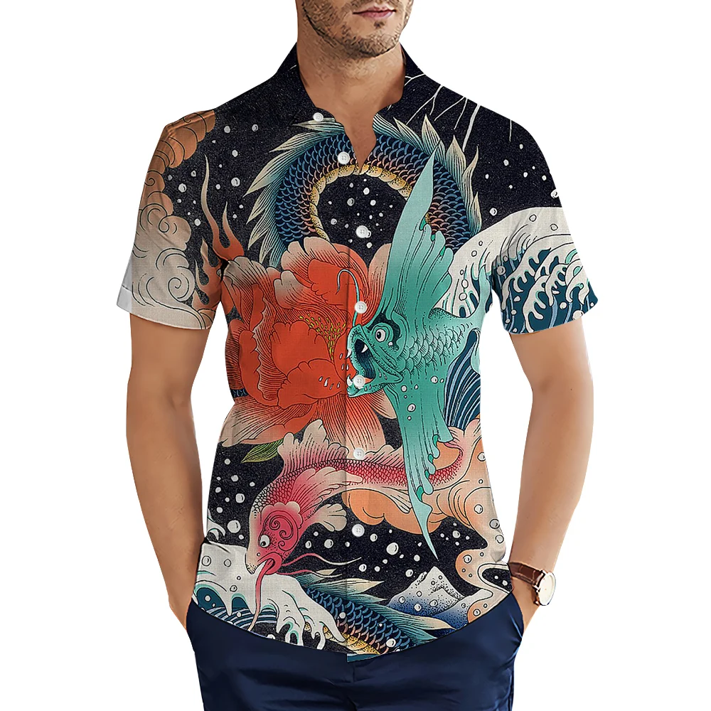 HX Ukiyo-e Heren Shirts Japanse Koi Art Schilderen 3D Gedrukt Casual Shirt voor Mannen Zomer Korte Mouw Tops Camisas