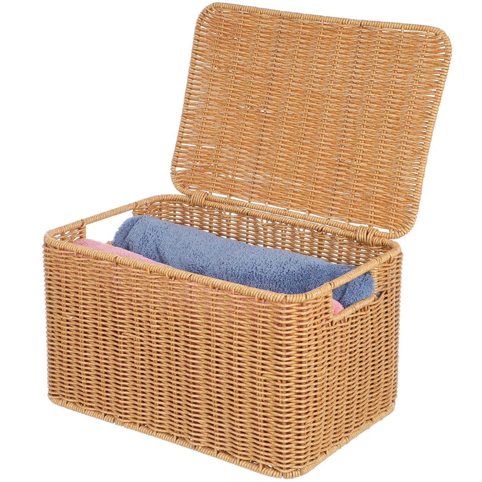 

Cube Storage Basket with Lid Metal Frame Multipurpose Woven Storage Box Large Capacity Sundries Organizer Woven Basket with Lid