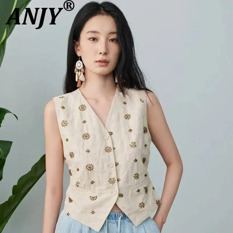 

ANJY Summer New Women V-Neck Heavy Embroidered Flares Lace-Up Sleeveless Vest Trendy Ins Single Breasted Casual Waistcoat A23959