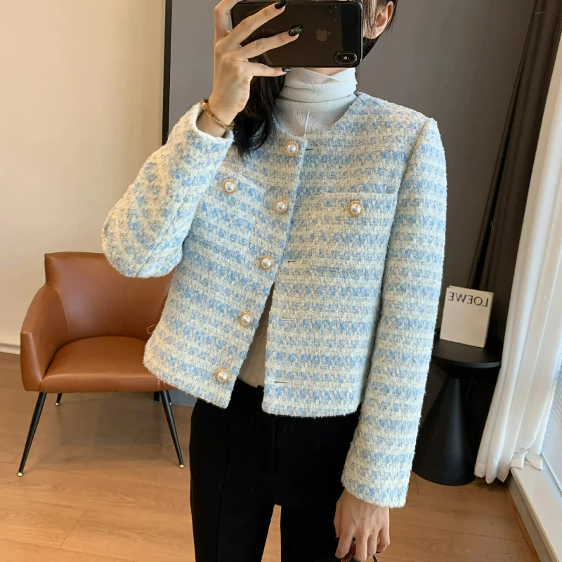 Blue Plaid Pearl Buttons Tweed Jacket Women Vintage Round Neck Long Sleeve Short Coat 2025 Spring Autumn Elegant Women Jacket