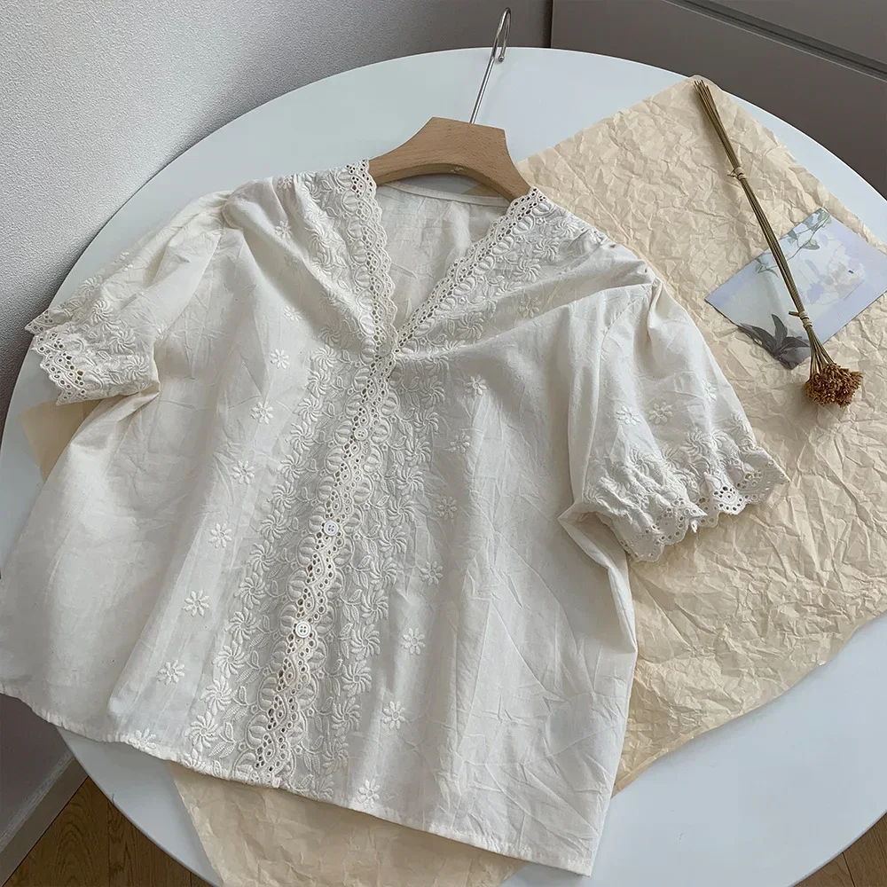 Vintage Frenchy Cotton Embroidery Puff Sleeve V-neck Classy Shirt Eyelet Lace Elegant Luxury Rococo Victorian Chic Blouse Tops