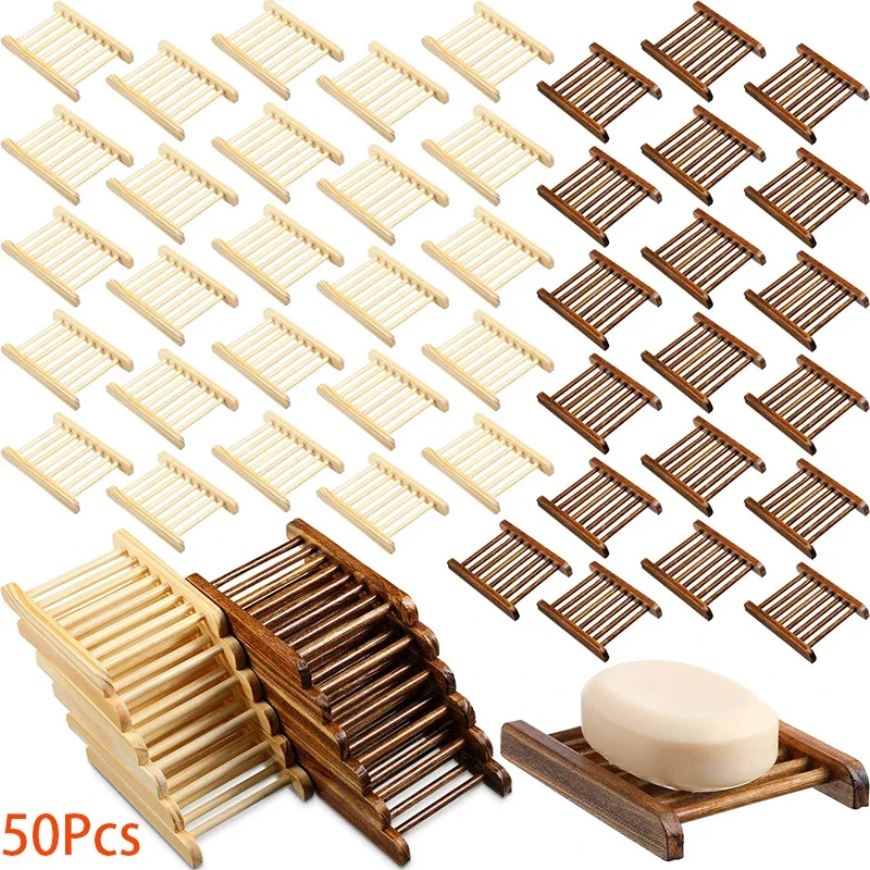 50 Pieces Home Bamboo Wood Soap Holder Bathroom Wooden Soap Dish Tray Saver Hand Craft Bathtub Self Draining Dish