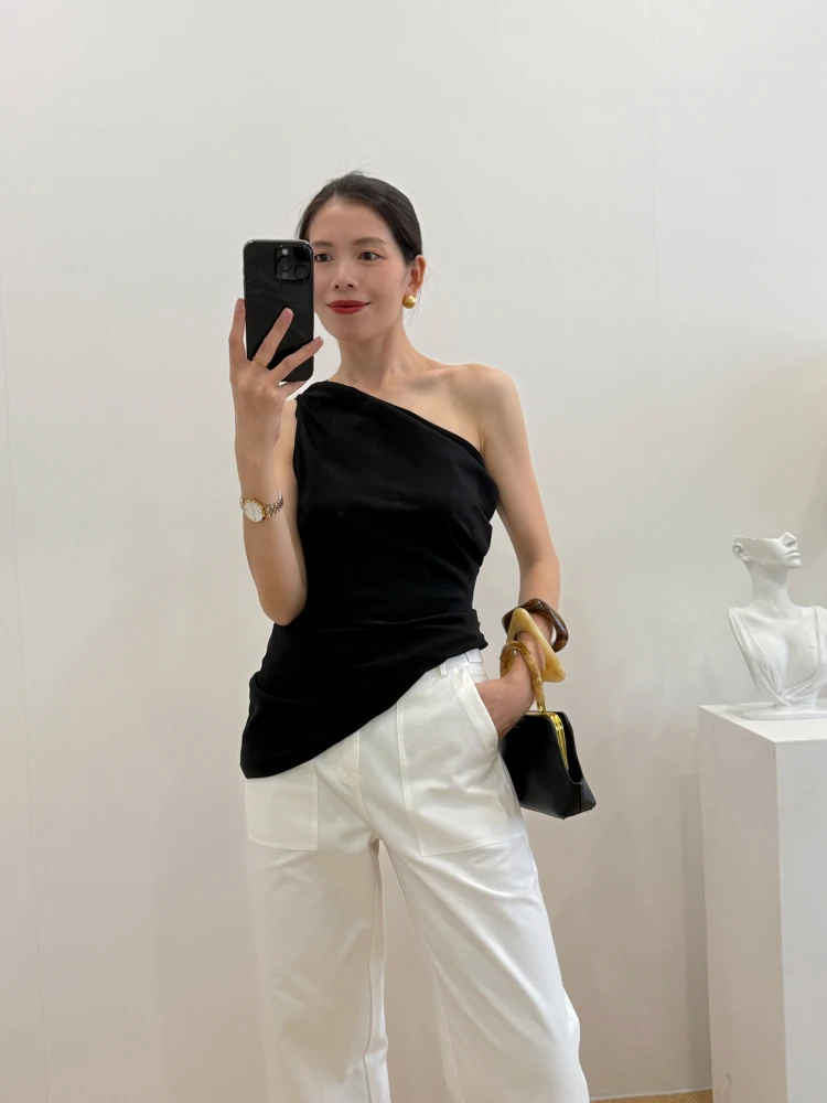 

Bla Elastic oulder T-irt Women's Sle Casual High Elastici Mid-Length Single Strap Top Sensual Slant oulder Design