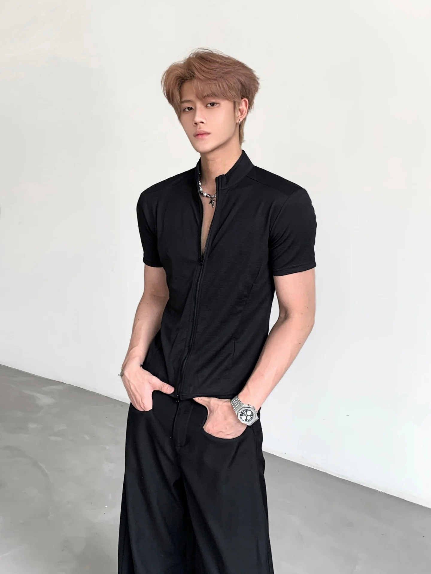 Ace Tailors Minimalist Style Zipper Functional Fitness Short Sleeve T-Shirt Men's Advanced Casual Slim Fit Top Breathable Swe...