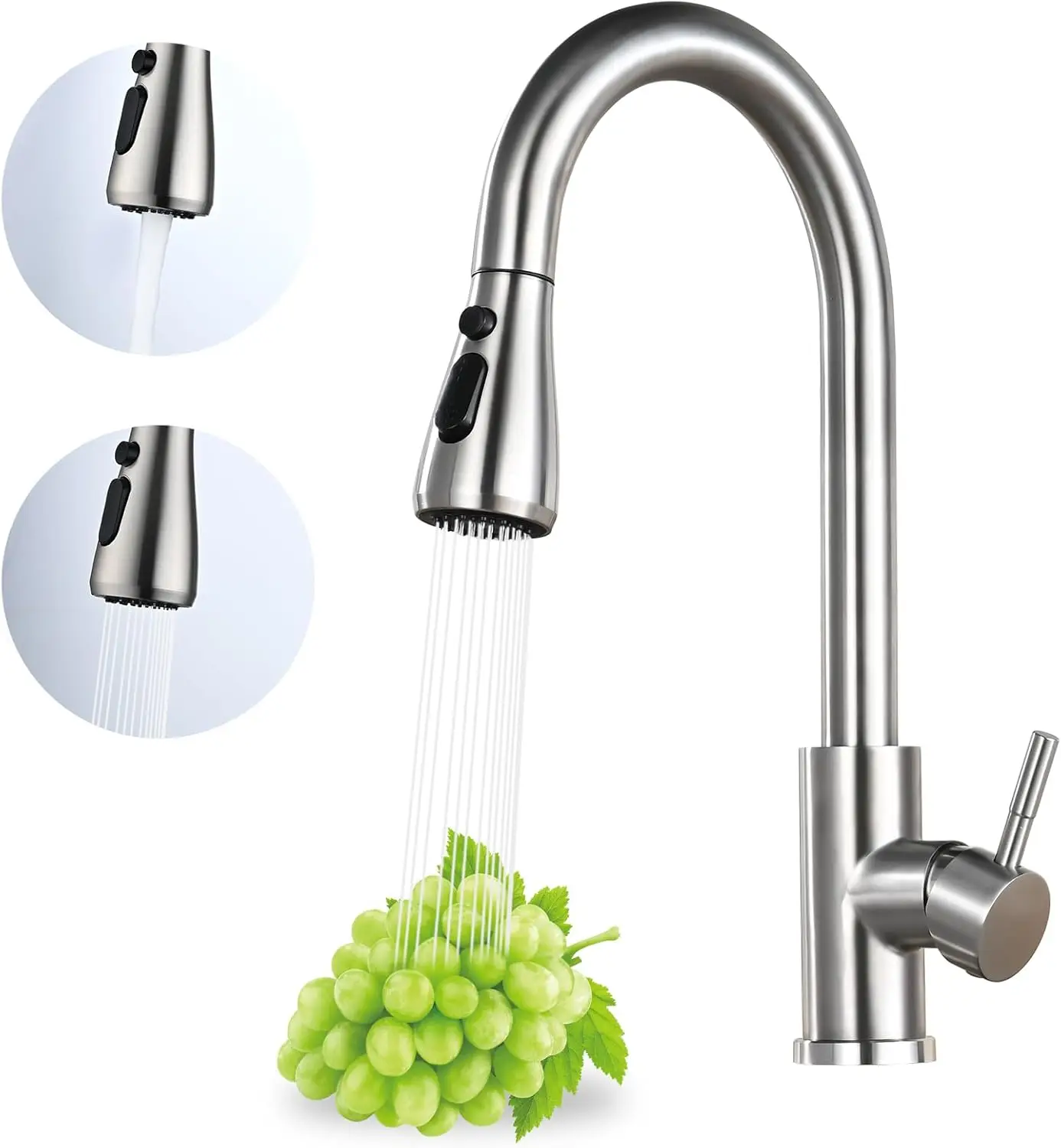 

Kitchen Faucet Pull Down Sprayer, Brushed Nickel Single Handle, 3-in-1 Spray, 360° Swivel, Stainless Steel