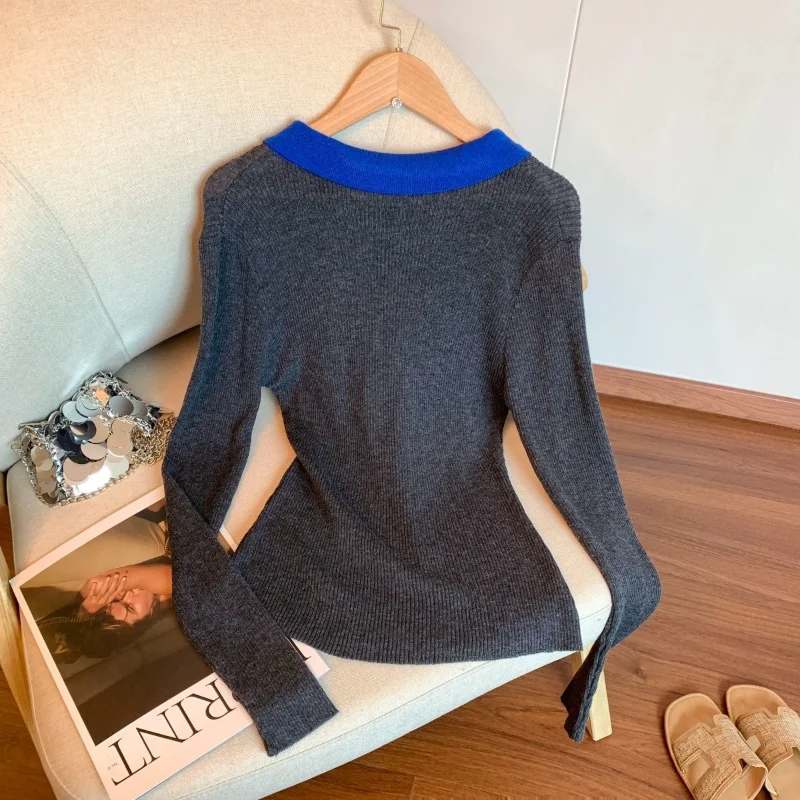 كلية نمط التباين اللون بولو طوق بأكمام طويلة البلوز أعلى الخريف الشتاء جديد الفرنسية ضئيلة زر سترة #5