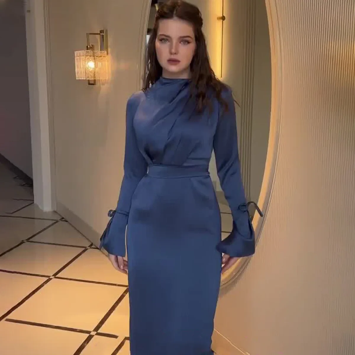 Women Satin Bandage Maxi Dress Slim High Waist 2024 Fashion Elegant Long Sleeve Dress Ladies Gown Long Dress