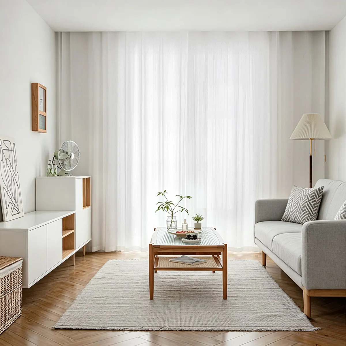 2Pcs White Vertical‑Texture Sheer Curtains, Japanese Wood Cream Style, Pinch Pleat Light Filtering Window Drapes for Living Room