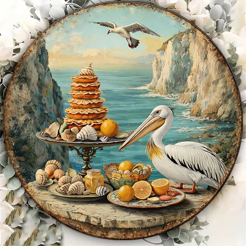 2D Flat, 1pc 8x8in/20x20cm 2D Flat Round Sign, Vintage Plaque Featuring Seascape and Cuisine, Pelican and Fruit Decorative Sign,