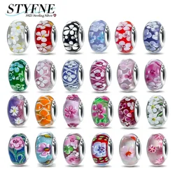 Sterling Silver 925 New Shiny Glowing Cute Pink Flowers Murano Original Glass Bead Original Bracelet DIY Fashion Women's Jewelry