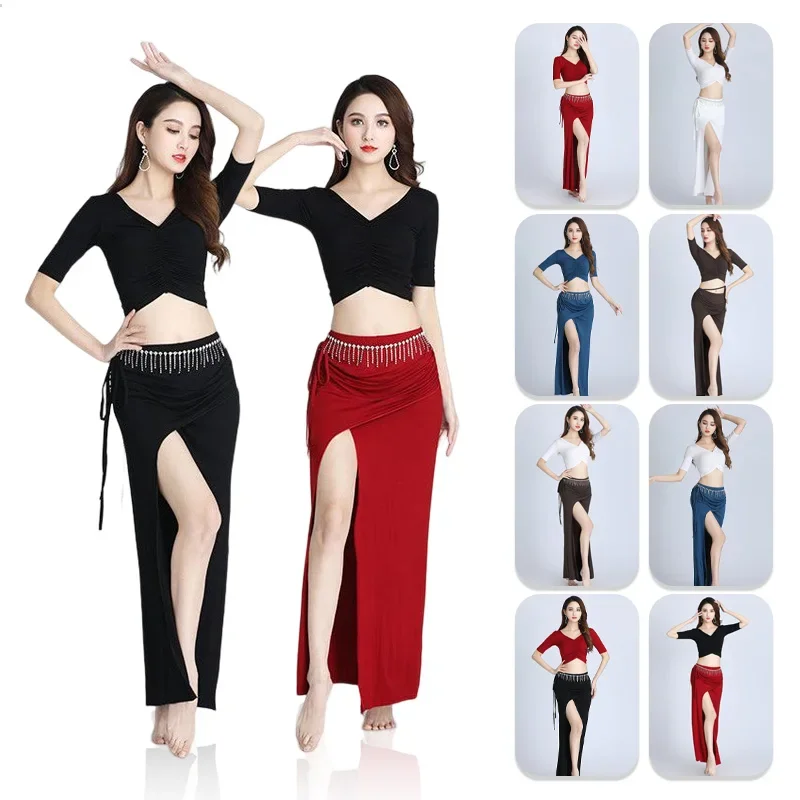 우아한 섹시 밸리 댄스 의상 여성 전문 성능 연습 양복 v 넥 탄성 맞는 탑 + 스커트 댄스 의류