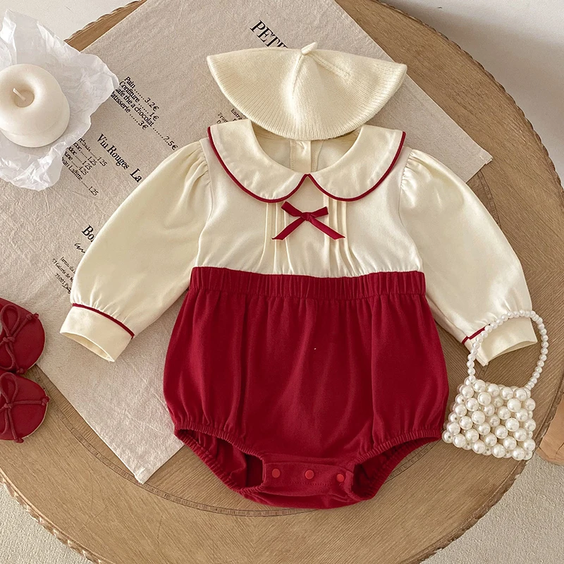 2025 New Autumn 0-24M Baby Girls Clothing Newborn Baby Girls Bodysuits Long Sleeved Cotton Splicing Korean Style Climbing Suit