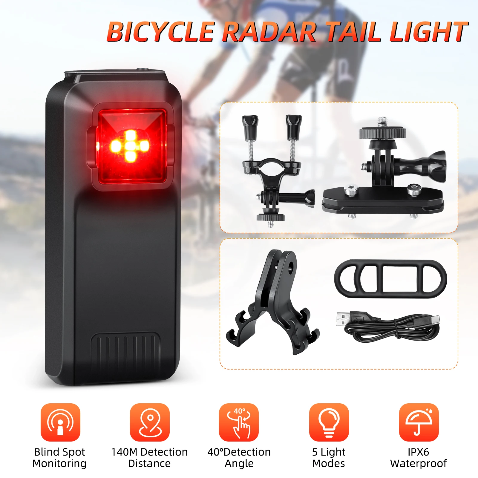 

W100 Bicycle Radar Taillight Bike Rearview Sensor Compatibility with Cycling Cyclocomputer IPX6 Waterproof Brake Sensing Lamp