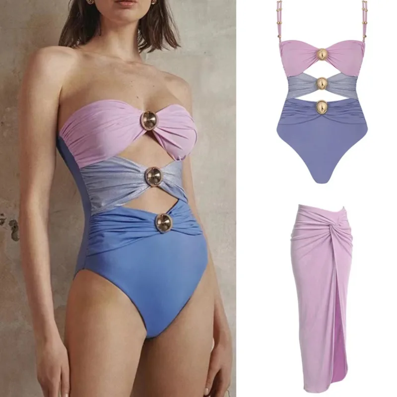 

Color Block Shiny Texture One-Piece Swimsuit 2024 Designer Cutout Sexy Bikini Beach Skirt Set Holiday Spring Bathing Set Girl