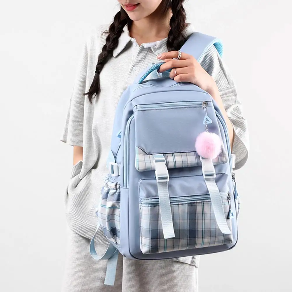 

Backpack Plaid Print Student Backpack with Plush Ball Pendant Capacity Multi Compartment School Bag for Pupils for Outdoor