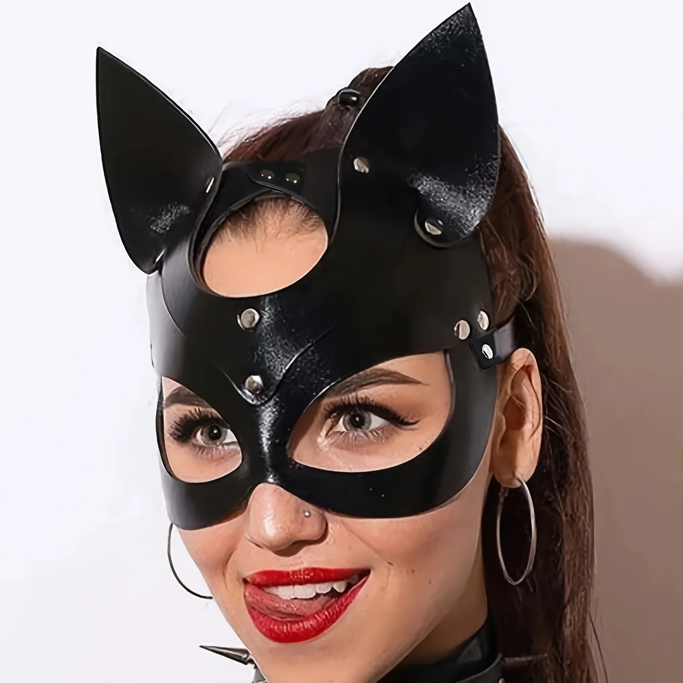Máscara de gato con orificios para los oídos: fiesta de Halloween de estilo gótico punk, pelota de carnaval y accesorios de vestir para juegos de adultos