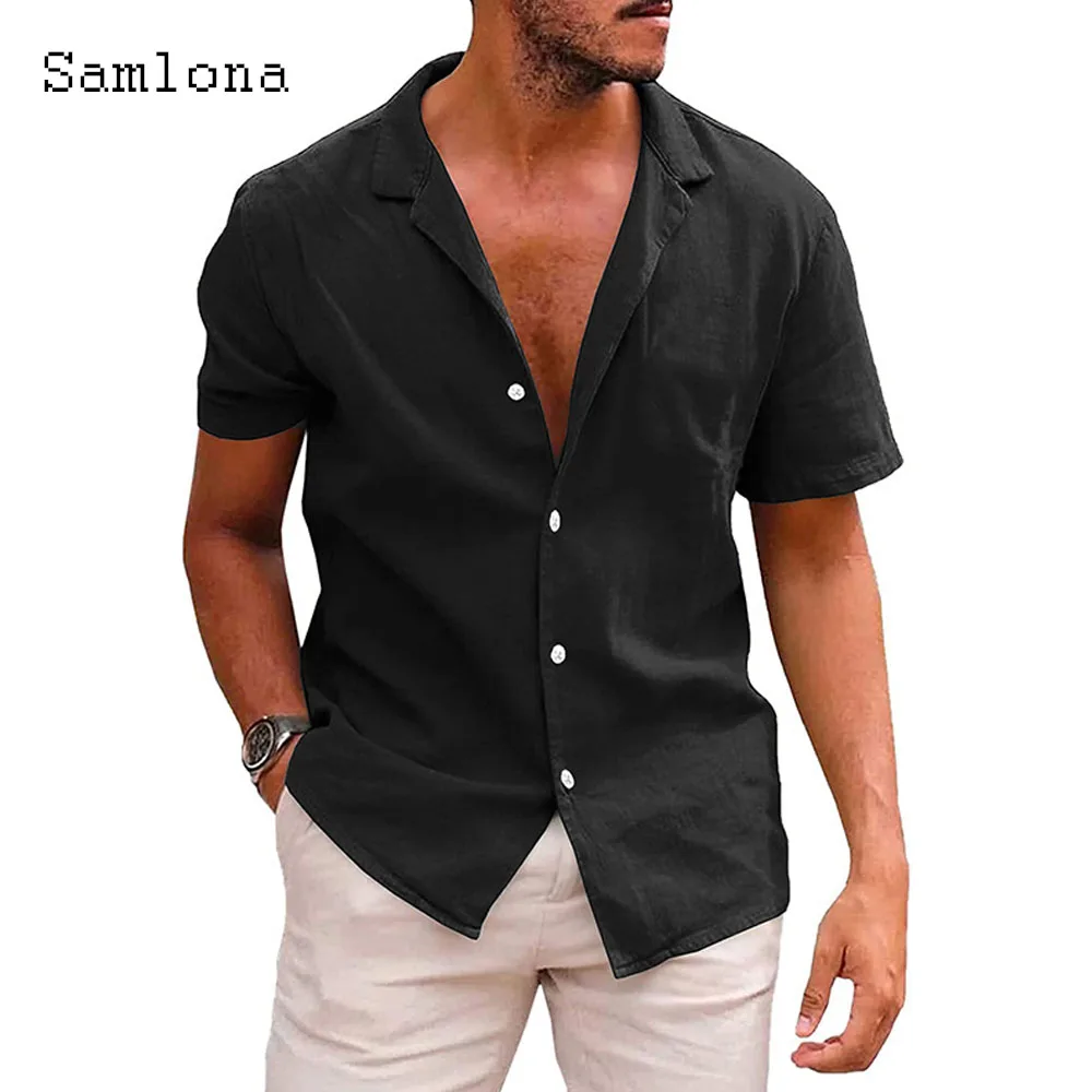 

Short Sleeve Casual Linen Blouse Mens Lepal Collar Beach Shirts White Khaki Camisa Shirt blusas Homme Ropa Men Clothing 2024