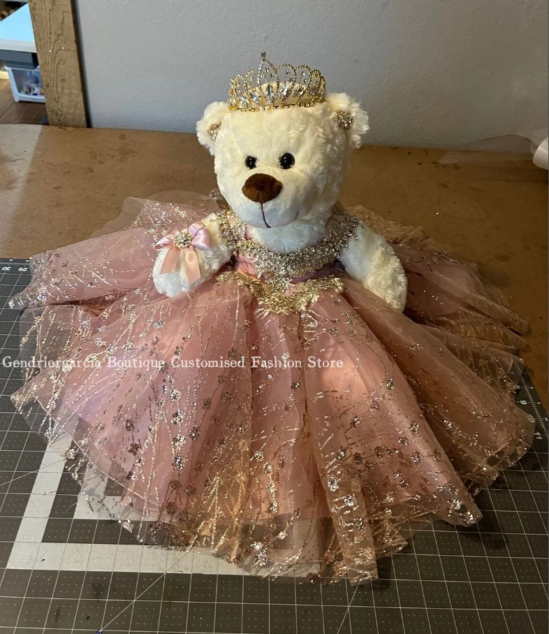 

Роскошное мини-платье Quinceanera с плюшевым мишкой, изысканное золотое кружевное платье с аппликацией, милое платье de quinceañera по индивидуальному заказу