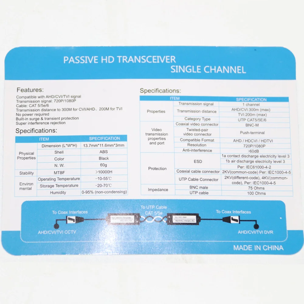 Twisted Pair Transmitter AHD/CVI/TVI/CVBS Video Balun Transceiver For CCTV Security Camera