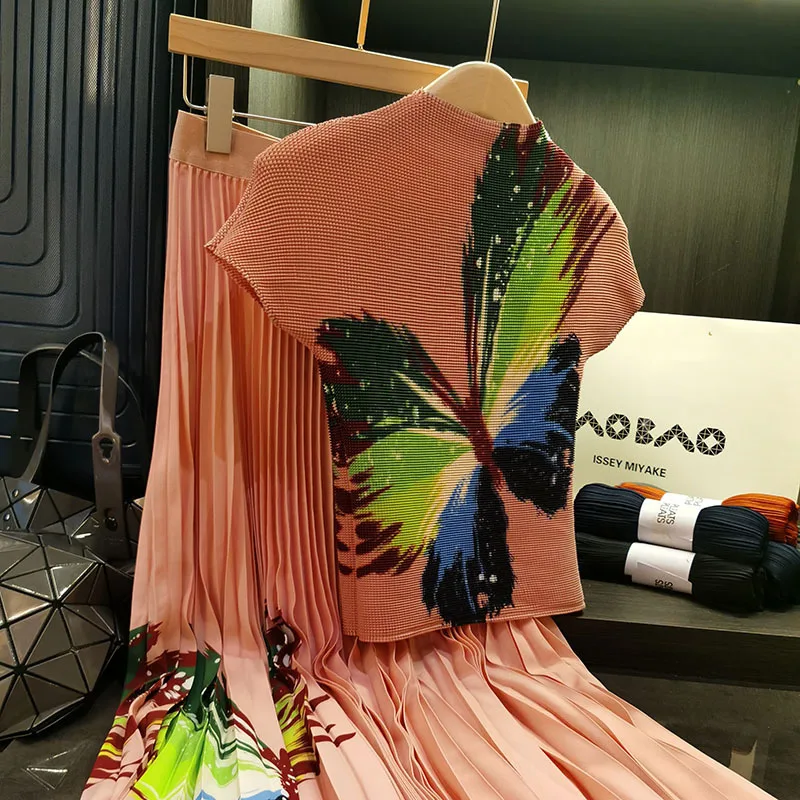 Fashion Pleated Set Short Sleeves Butterfly Printed Top and High Waist Fold Skirt Two-piece Sets for Women 2024 Summer New