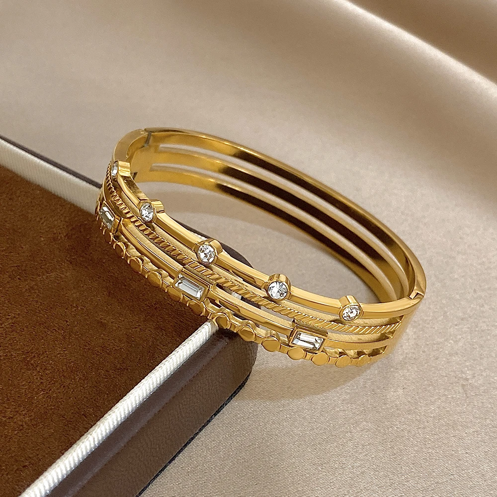 Luxury Zircon Stainless Steel Bracelets Women Retro Multi Layer Hollow Out Wide Bracelet Spring Bangles Jewelry Gift New