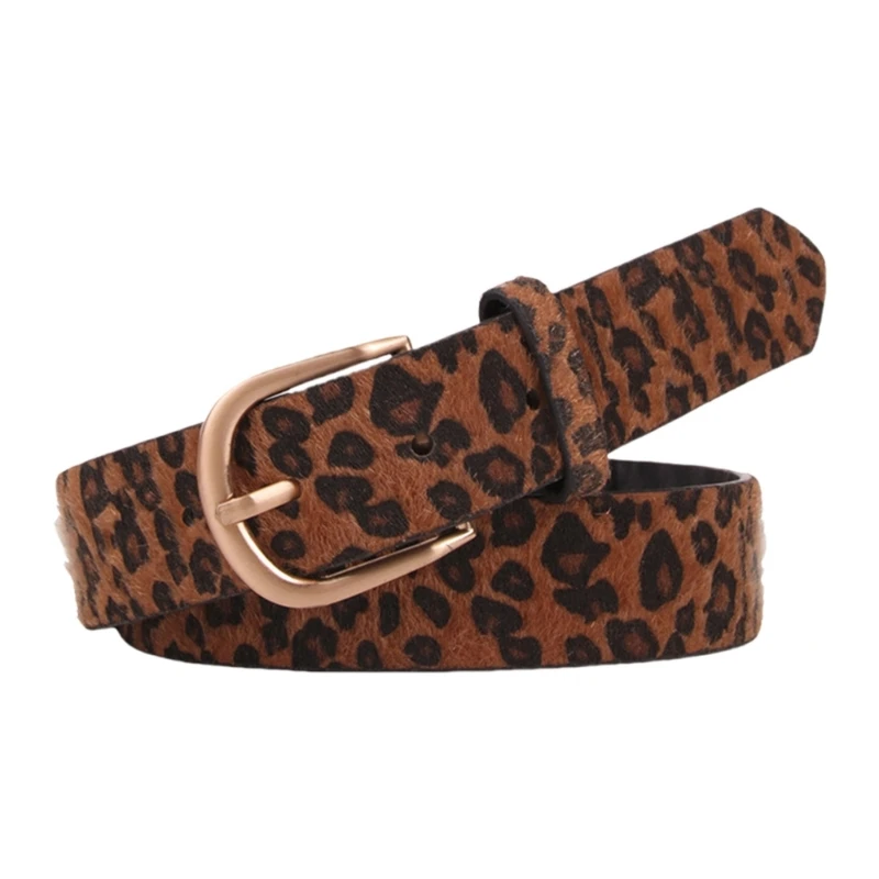 50JB Stylish Leopard Print Belt for Women and Girl Adjustable PU Leather Horsehair Belt Waist Accessory for Casual Formal