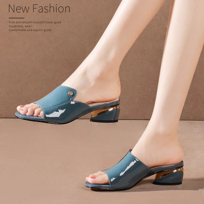 Fashion High-quality Women's Slippers Coarse Heel 2025New Women's Shoes Soft Leather Cool Slippers for Outer Wear Heeled Sandals