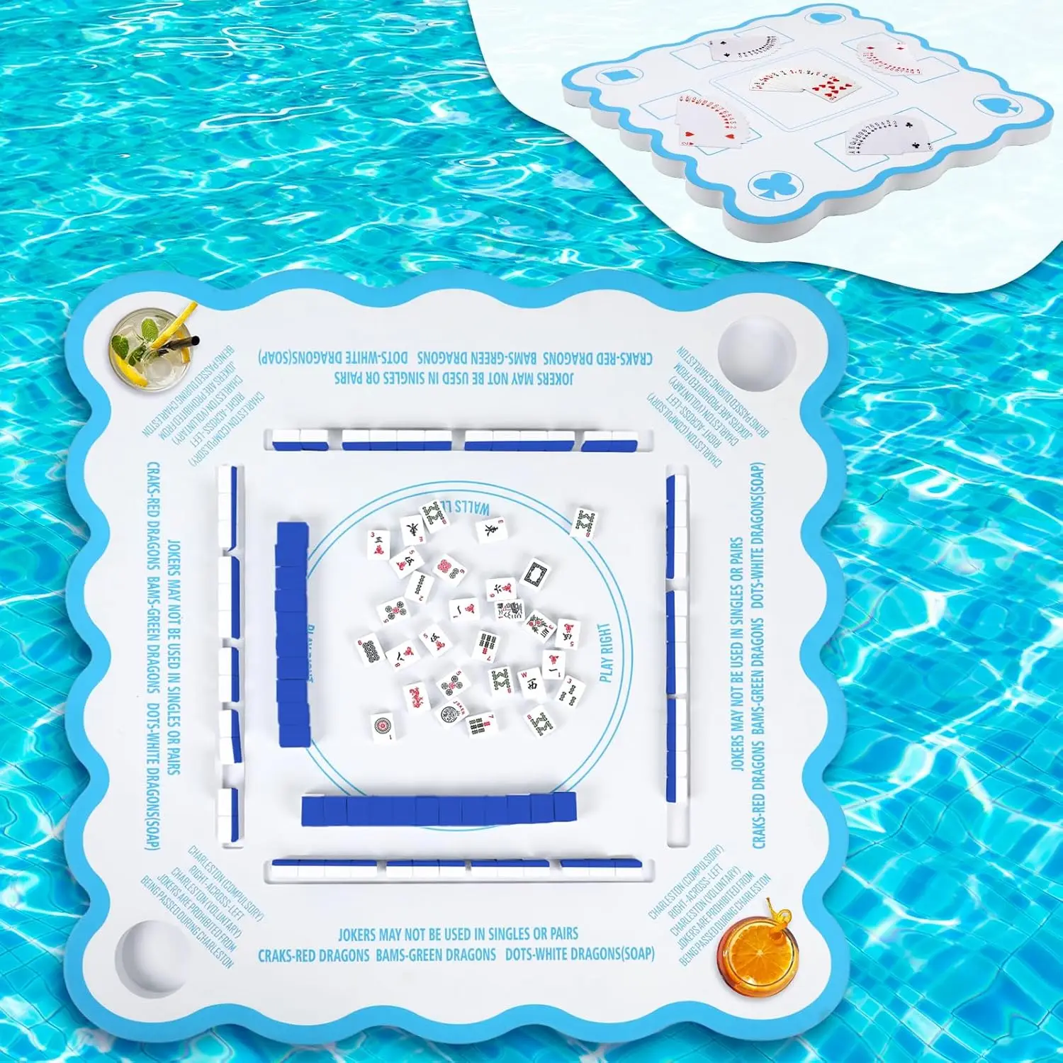 Mahjong Game Floating Table with Rules for Pool Double Side Poker Float Board for Card Games,Water Swimming Pool  Supplies