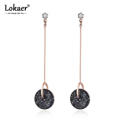 Lokaer Bohemia Stainless Steel Double Circle Tassel Earrings Jewelry White/Black Shining Crystal Women Dangle Earrings E19115