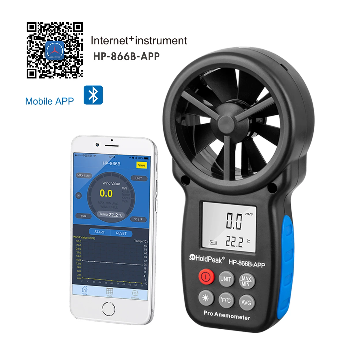 

HP-866B-APP Anemometer Wind speed LCD backlight connection to mobile app Average value，maximum/minimum value HOLDPEAK-866B-APP