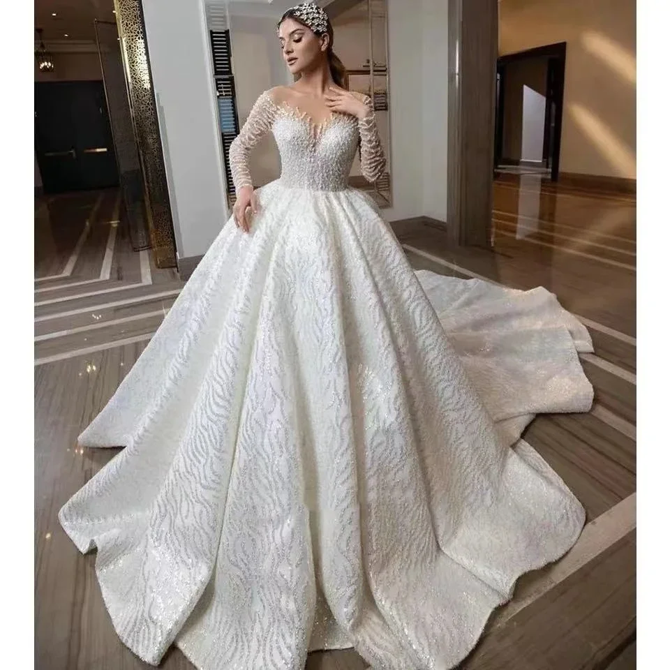 

Elegant White A-Line Lace Bead Sequin Women's Wedding Dress Sexy V-Neck Long Sleeved Hall Princess Dance Bridal Gown Customized