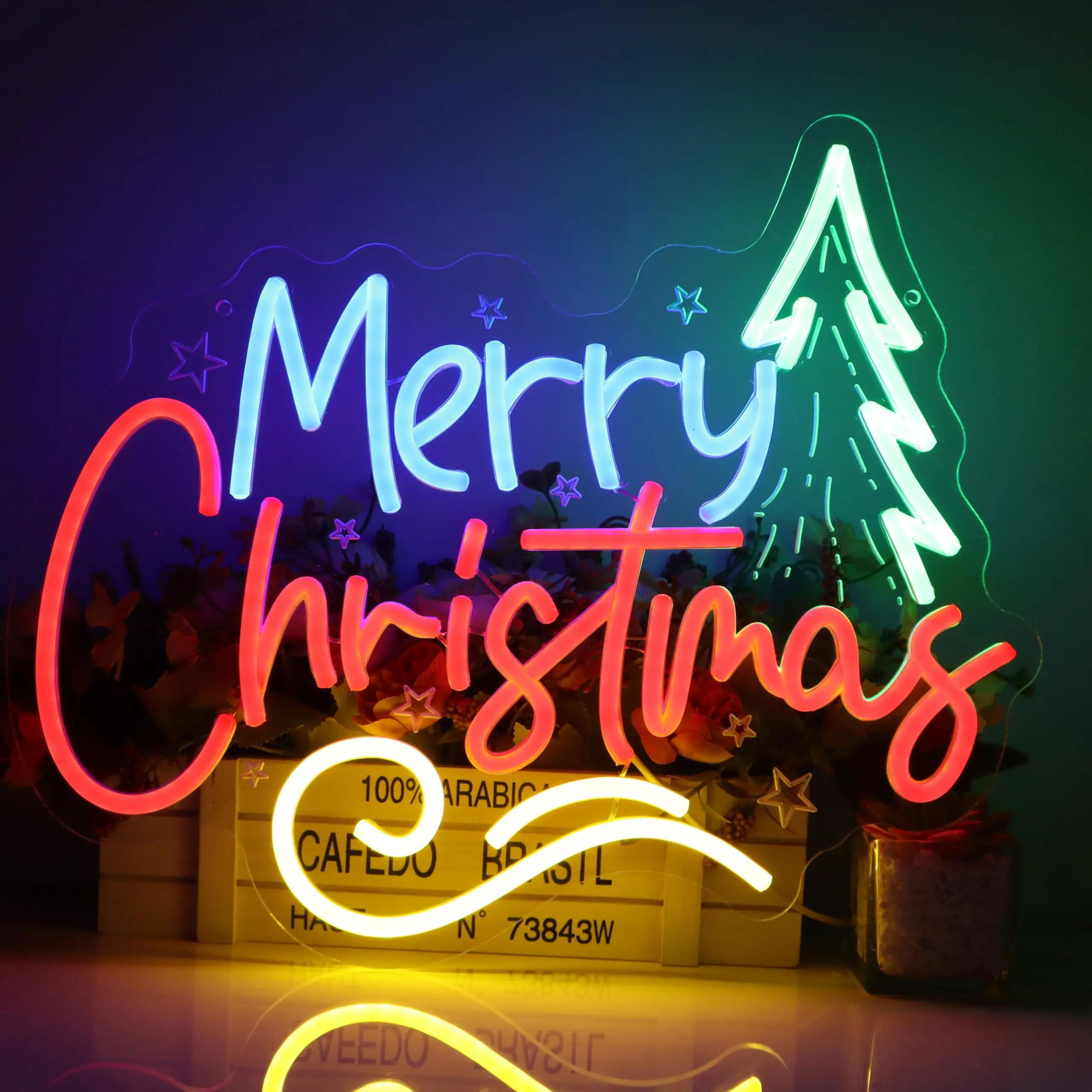 Insegna al neon a forma di albero di Natale verde con scritte LED alimentate tramite USB di buon Natale per decorazioni per la casa per feste di festa