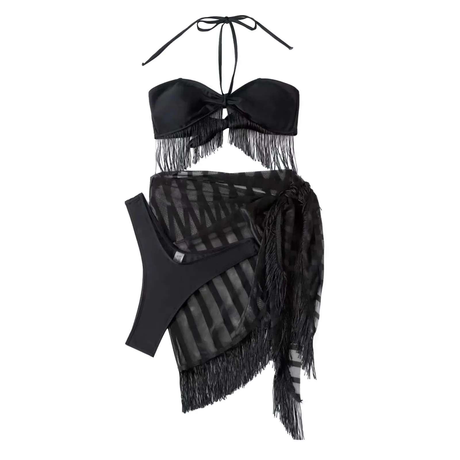 Mesh Three Piece Swimsuit Womens Sexy Tassel Bra Sling Bikini Suit Cover Up Women'S Swimsuit Bikini Woman 2025 Trend Push Up