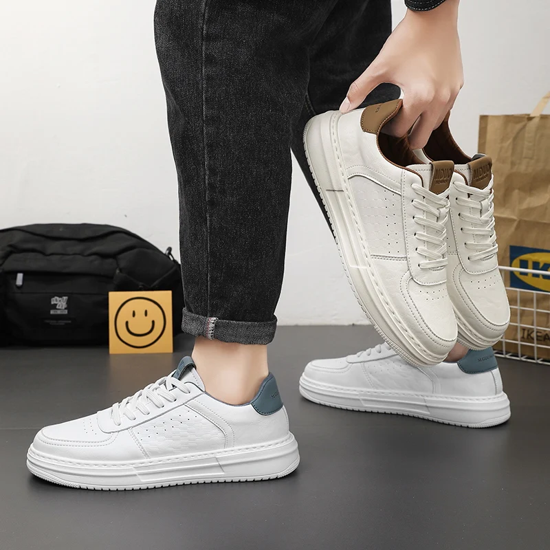 Fashion Men Casual Leather Sneakers Winter Breathable Trendy Mating White Skate Shoes Comfortable Non-slip Daily Walking Shoes