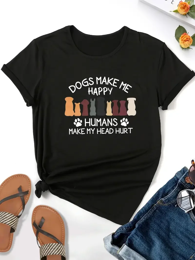 

Dogs make me happy cute dog Graphic T-Shirt Women Funny clothes Summer Fashion Harajuku Casual Round Neck Black Short sleeve