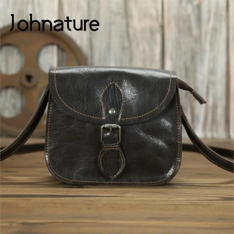 Johnature Simple Bag Genuine Leather All-match Women Shoulder Bags 2024 New Leisure Solid Color Cowhide Lady Small Messenger Bag