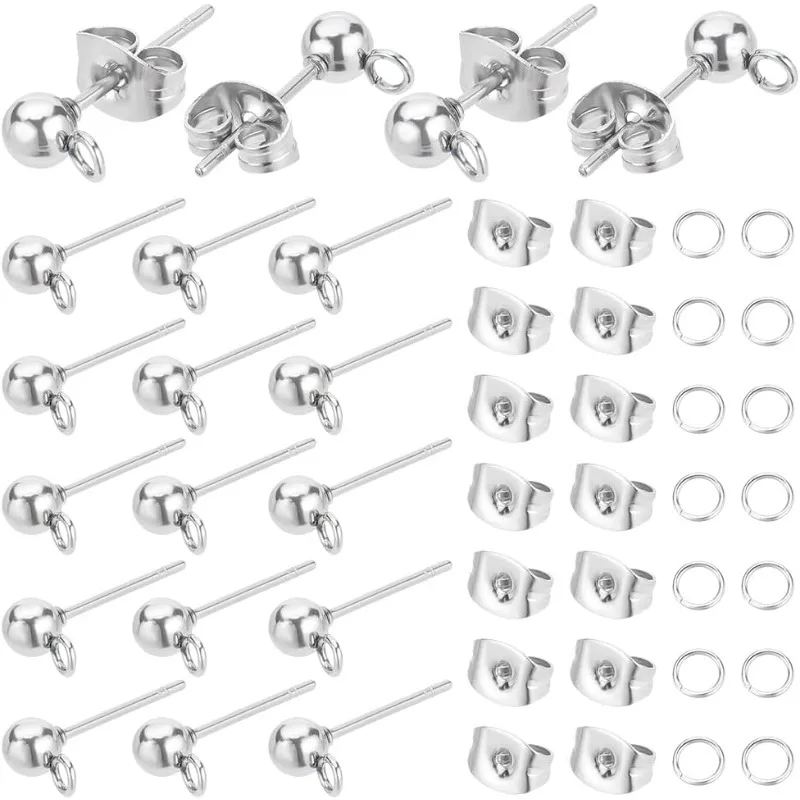 

300pcs Ball Post Earring Studs, 304 Stainless Steel Ball Stud Earring Findings with Butterfly Earring Backs and Open Jump Rings