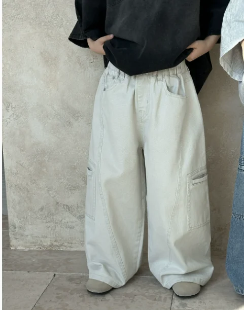 Kids Pants New Spring 2025 Children's Loose Wide Leg Beige Cool Casual Boys Handsome Simple Style view 4