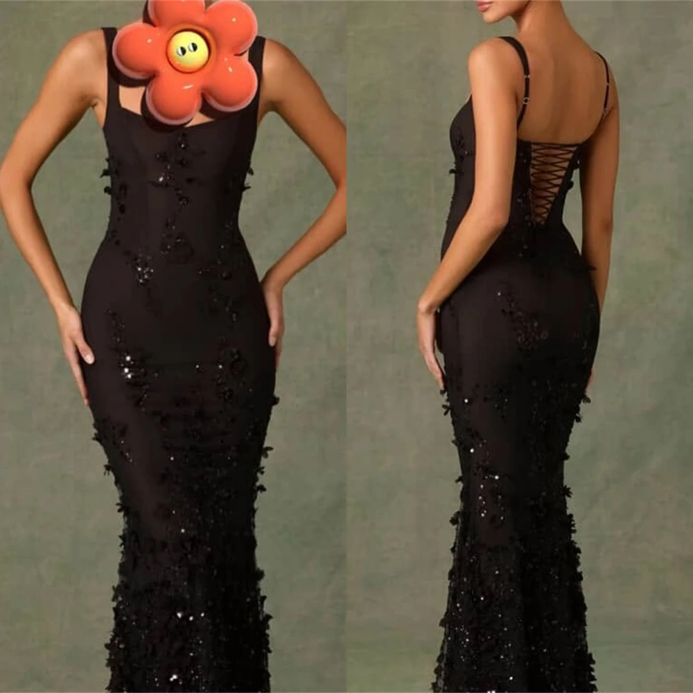 

Customized Delicate Black Jersey Evening Dress Elegant Graceful Square Collar Spaghetti Straps Lace Up Back Homecoming Dress