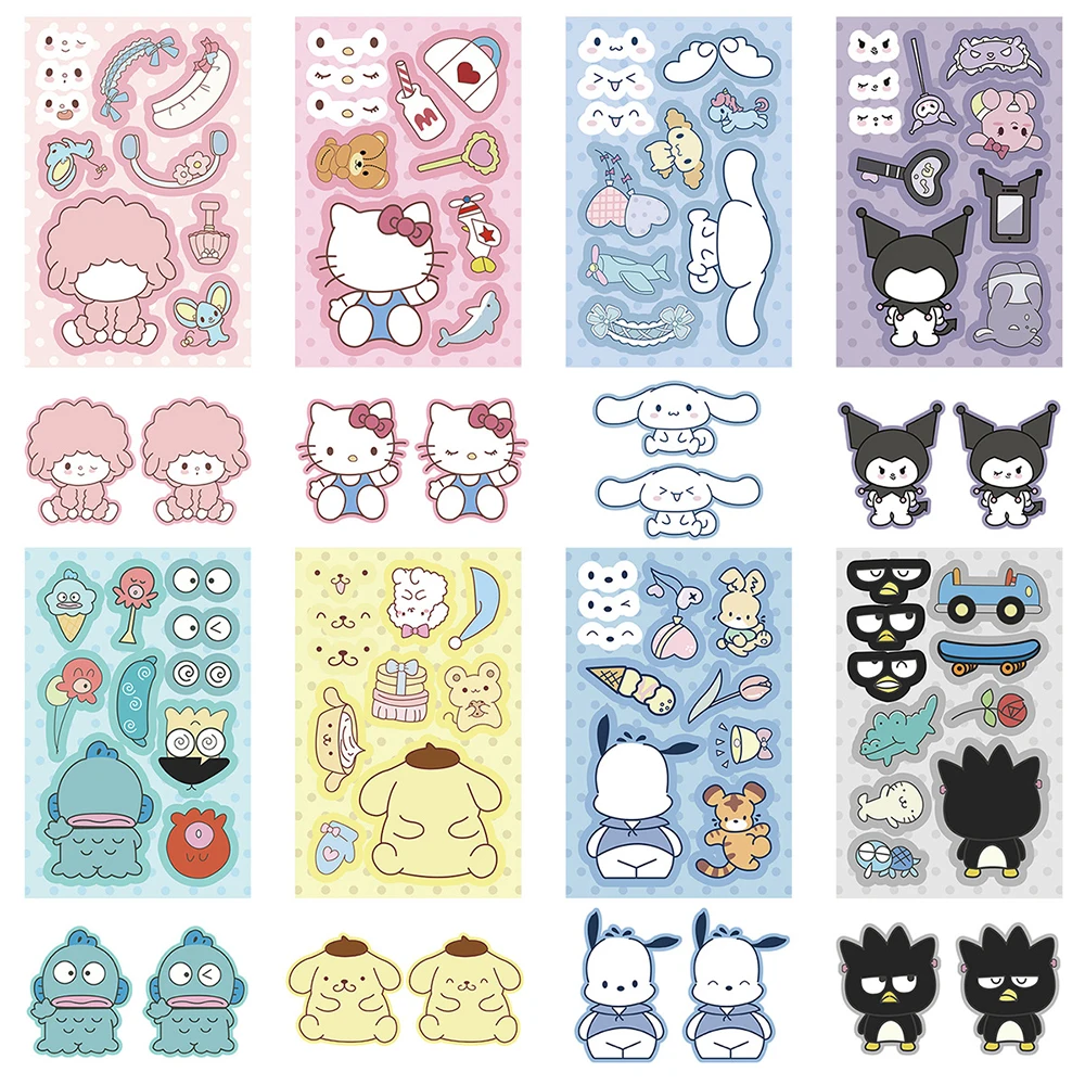 

8/16sheets Children DIY Sanrio Puzzle Stickers Kuromi Hello Kitty Make a Face Decals Fun Cartoon Assemble Jigsaw Kid Party Gifts