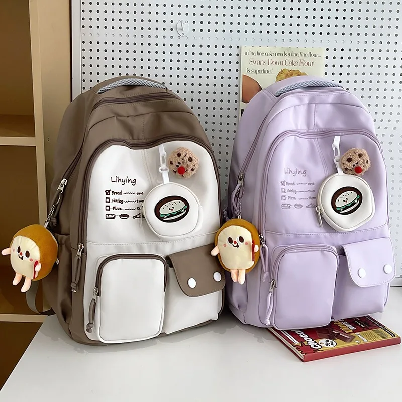 Mochila escolar Kawaii para estudiantes universitarios, morral de viaje ligero de gran capacidad con bonito colgante para adolescentes