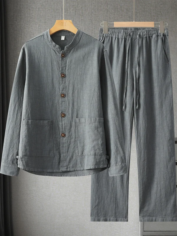 

New Men's Cotton Linen Jaet Straight Leg Pants Two-Piece Set Casual Summer Long Sve Color Loose Fit Tang Suit