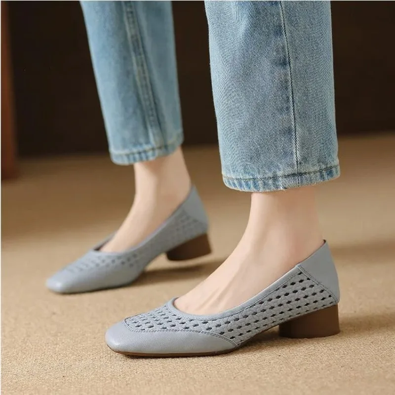 2025 New Style Elegant Open Toe High Heel Women's Summer Leather Square-Toe Low Heel Shoes